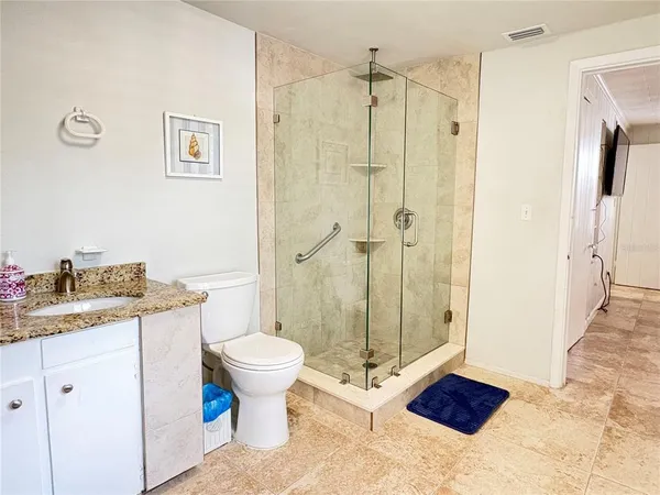 a bathroom with a granite countertop sink a toilet and shower