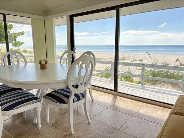 a view of a dining room with furniture window and outside view