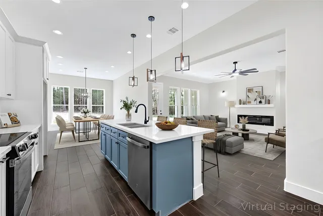 a kitchen with lots of counter top space
