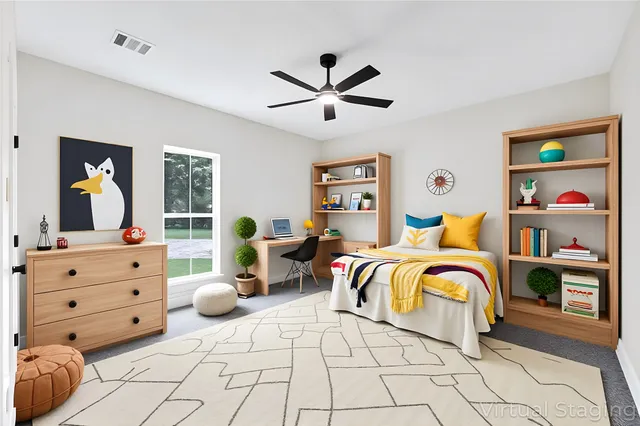a bedroom with furniture and a chandelier