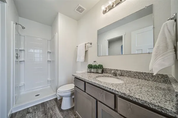 a bathroom with a granite countertop sink a toilet and shower
