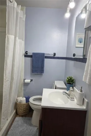 a bathroom with a sink toilet and mirror