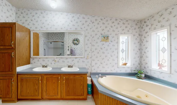 a bathroom with a tub sink and mirror
