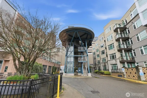 a view of a building with a street