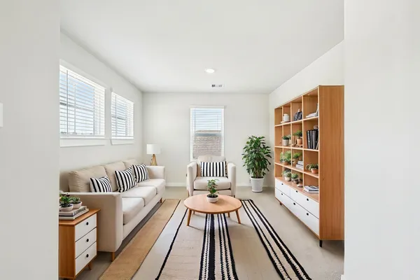 a living room with furniture and a rug
