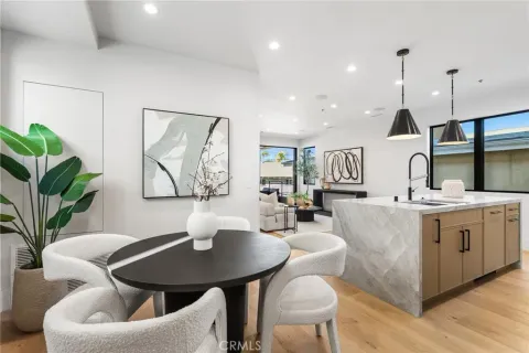 a living room with furniture kitchen view and a potted plant