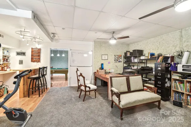 a view of a dining room and a window