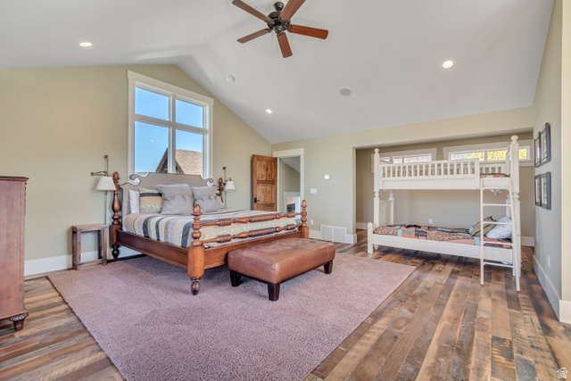 2579 Splendor Valley Road Kamas, UT 84036 - Photo 78 of 87 Bedroom with a ceiling fan, dark wood-style flooring, a high ceiling, and recessed lighting