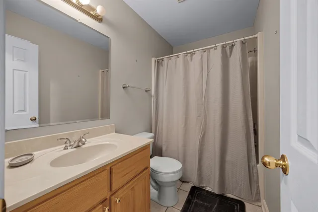a bathroom with a sink a toilet a mirror and shower curtain
