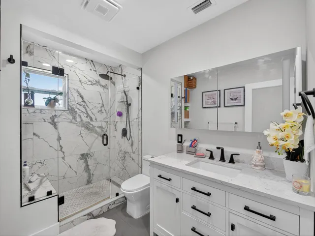 a bathroom with a granite countertop sink a toilet and shower