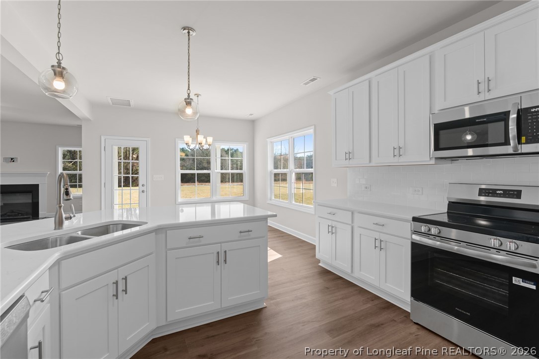 302 Elijah Way Vass, NC 28394 - Photo 34 of 44 a kitchen with stainless steel appliances granite countertop a stove sink and cabinets
