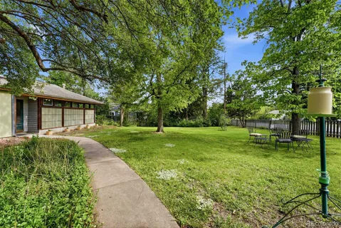 a backyard of a house with table and chairs