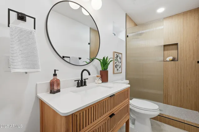 a bathroom with a sink a toilet and a mirror