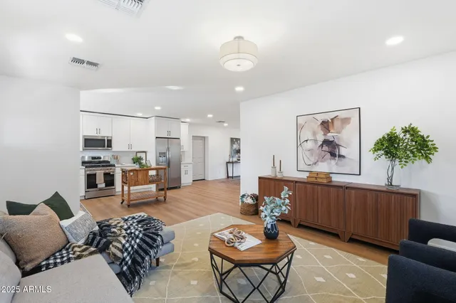 a living room with furniture kitchen view and a potted plant