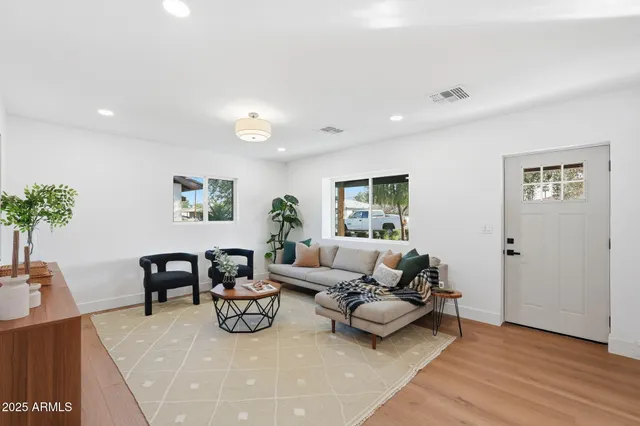 a living room with furniture and a potted plant