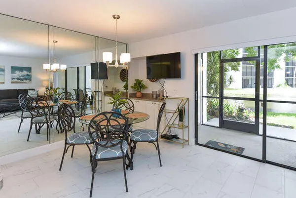 a view of a dining room with furniture window and outside view