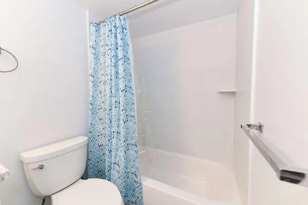 a white toilet sitting next to a bath tub