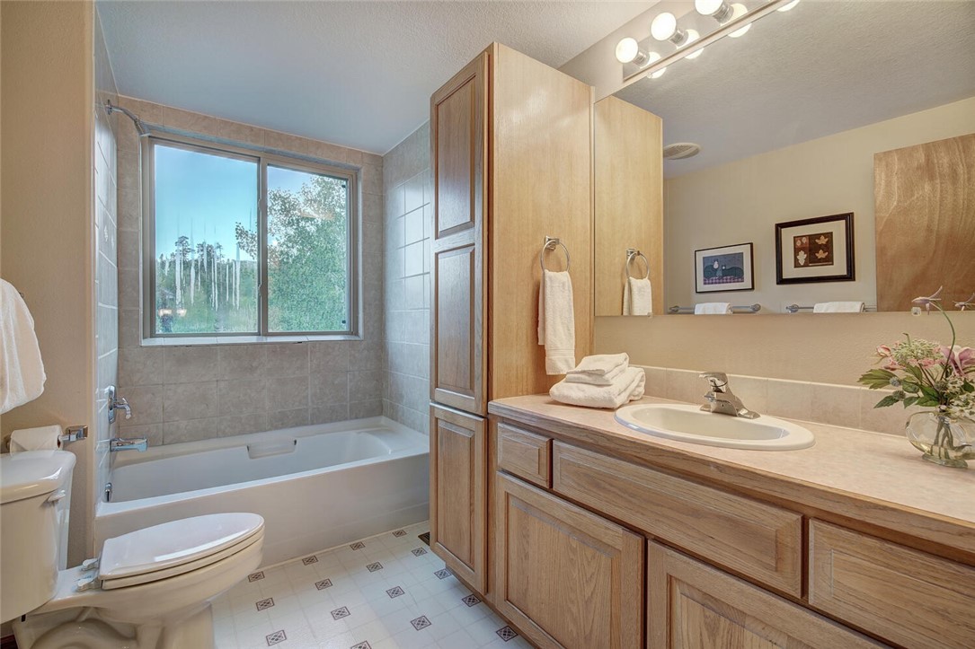 591 Ryan Gulch Road Silverthorne, CO 80498 - Photo 25 of 34 The second bathroom is shared by bedrooms two and three - featuring lots of cabinet space and a great view from the shower!
