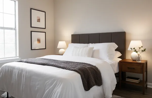 a bedroom with a bed and painting on the wall