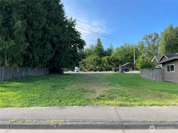 a view of a garden with a tree in the background