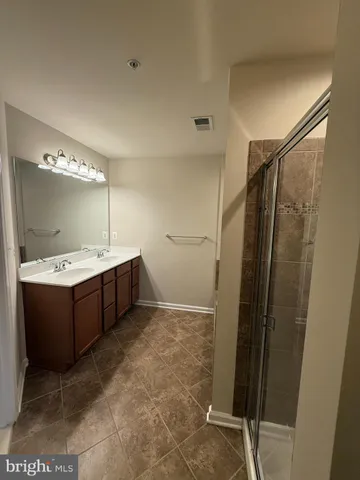 a bathroom with a double vanity sink mirror and shower