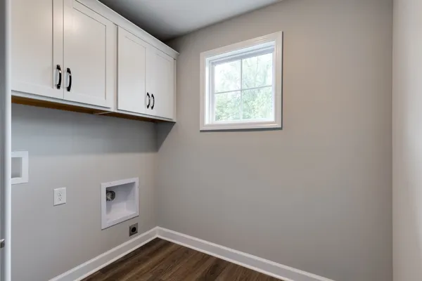 a view of storage and utility room with wooden floor