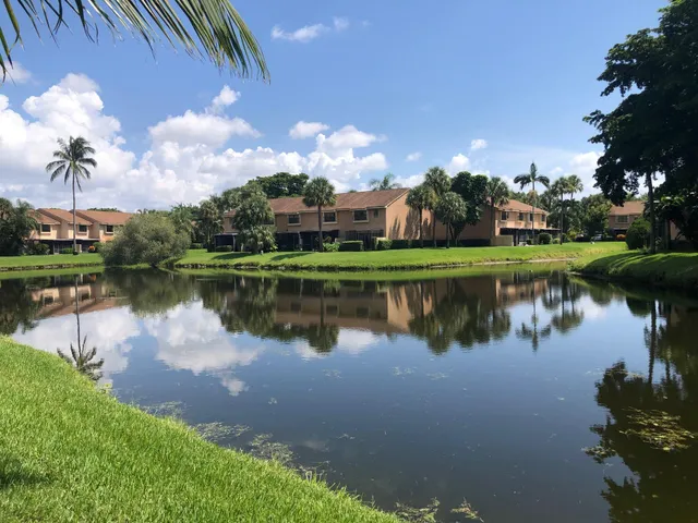 a view of a lake with a yard and large trees