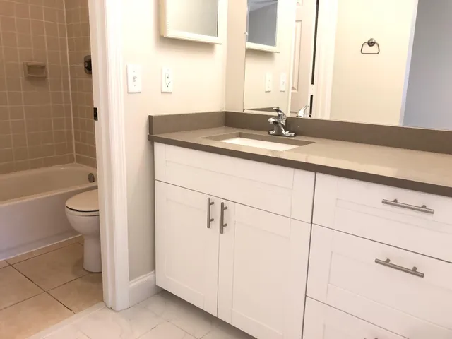 a bathroom with a granite countertop sink a toilet and shower