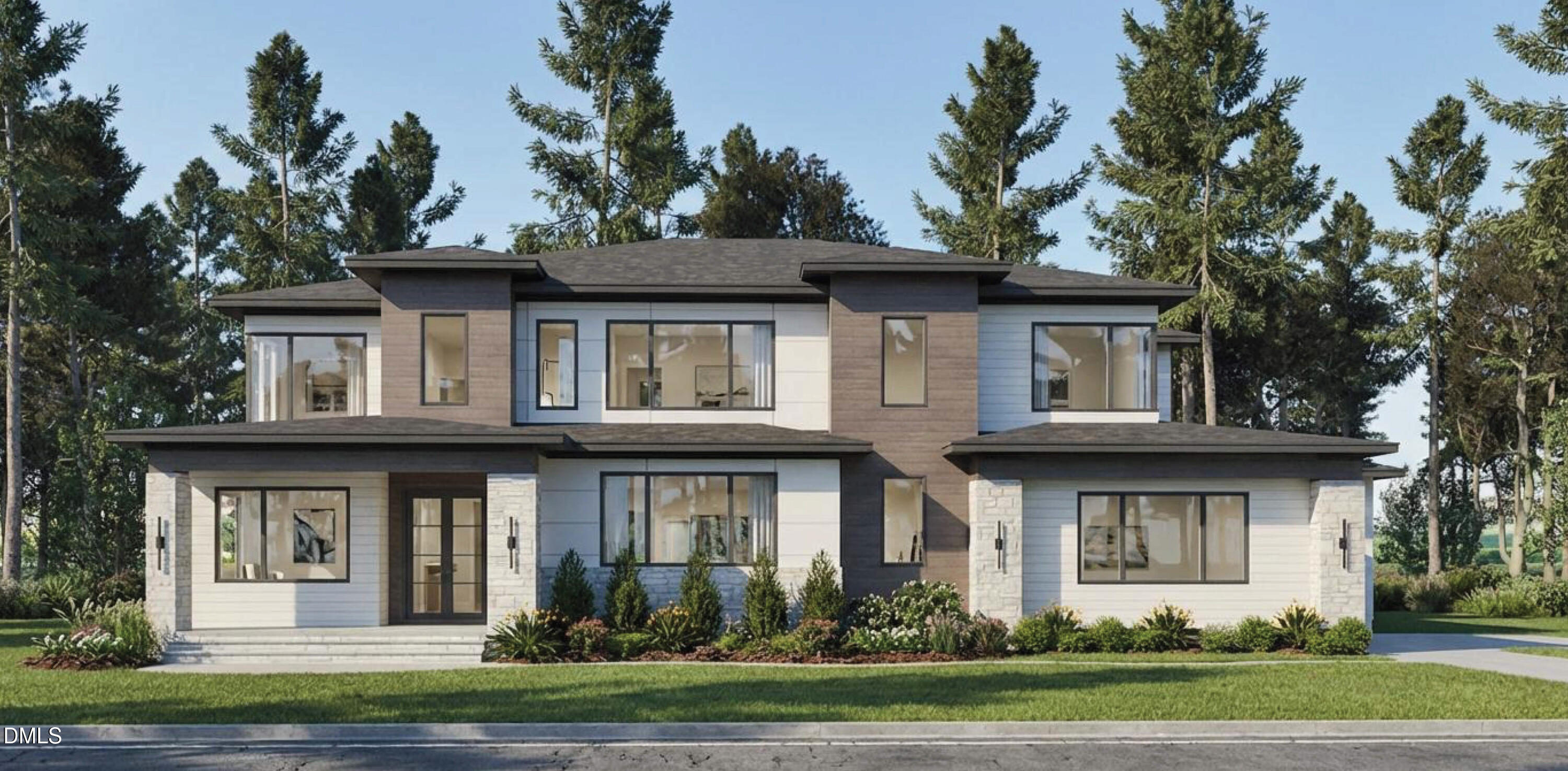 a view of a white house with large windows and a table and chairs