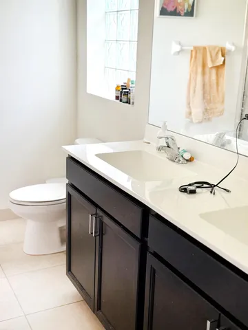 a bathroom with a sink a toilet and mirror