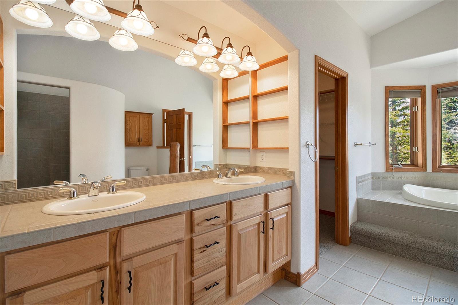 43 Forest Ridge Circle Bailey, CO 80421 - Photo 16 of 43 a spacious bathroom with a granite countertop sink a large mirror and a bathtub