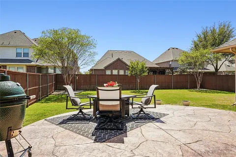 a view of a chair and table in the garden