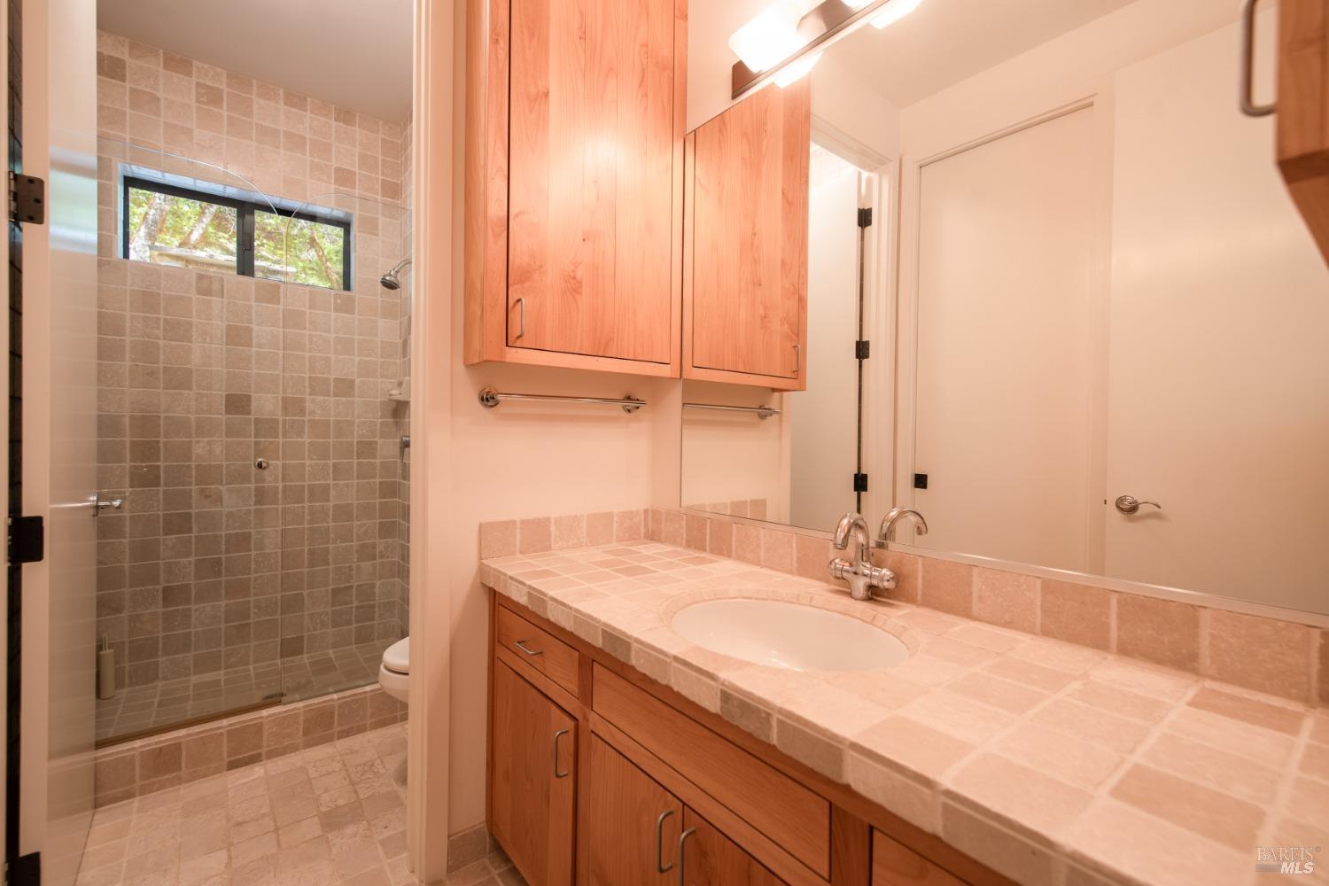 16300-16333 Yerba Santa Road Geyserville, CA 95441 - Photo 13 of 35 a bathroom with a granite countertop sink a mirror and a shower