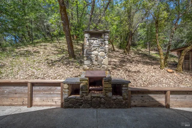 a view of a bench in front of building