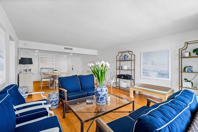 a living room with furniture a wooden floor and a potted plant