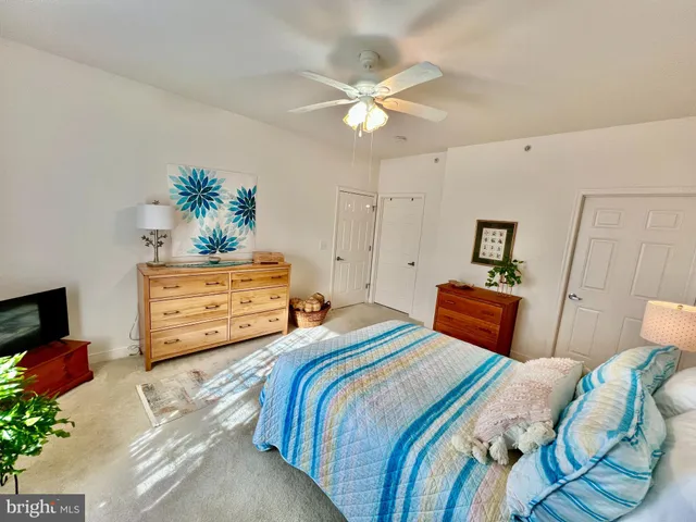a bedroom with a bed potted plant and a chandelier