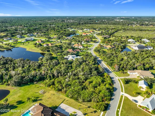an aerial view of residential houses with outdoor space and trees