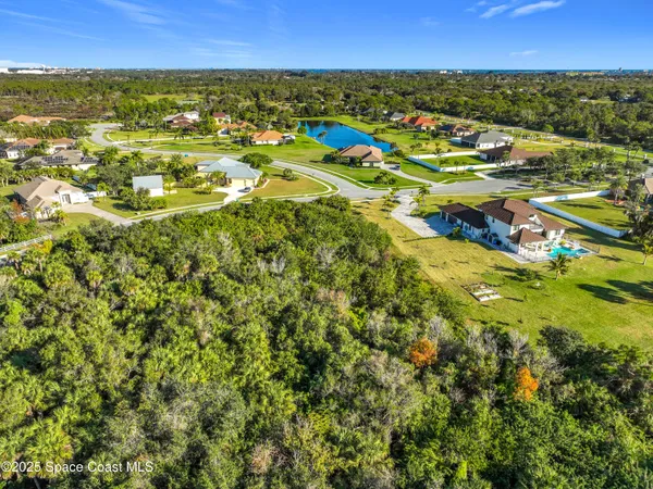 an aerial view of residential houses with outdoor space and trees