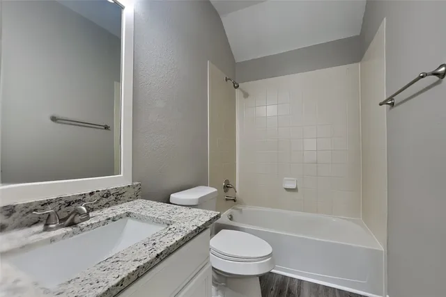 a bathroom with a granite countertop sink toilet and shower