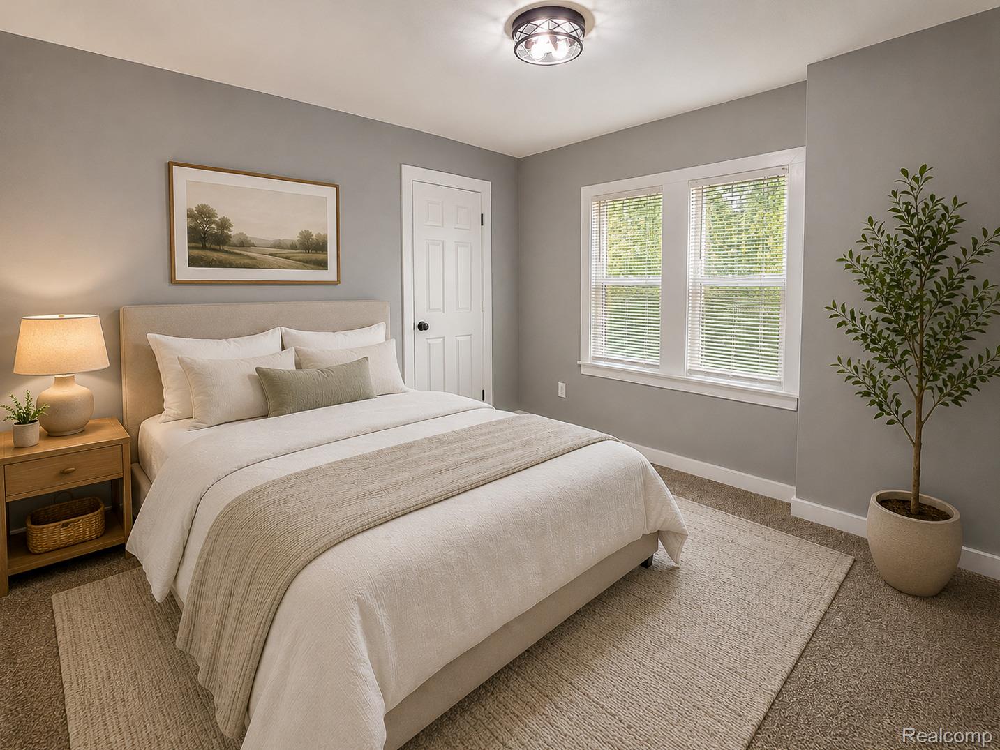 18217 Prairie Street Detroit, MI 48221 - Photo 13 of 34 Bedroom featuring light gray walls, carpeted flooring, two windows with white blinds, and a flush-mount ceiling light fixture