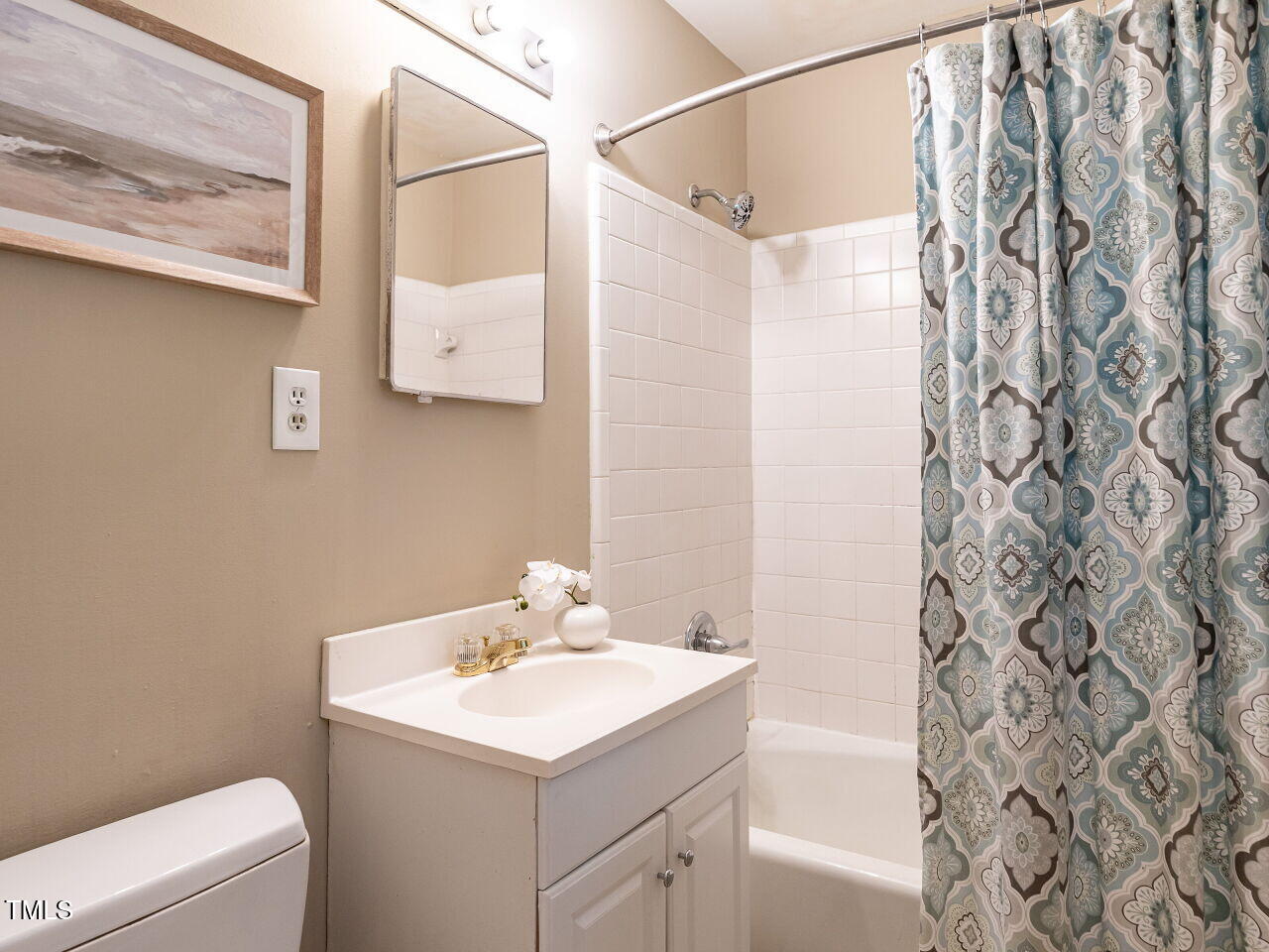 829 Greenwich Street Raleigh, NC 27610 - Photo 5 of 29 a bathroom with a sink a toilet and shower curtain