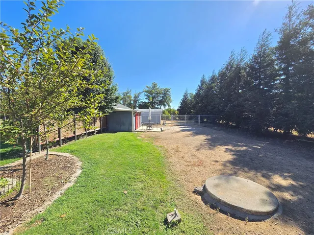 a view of a yard with a trampoline
