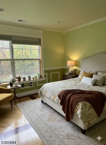 a bedroom with a bed and a couch next to a window