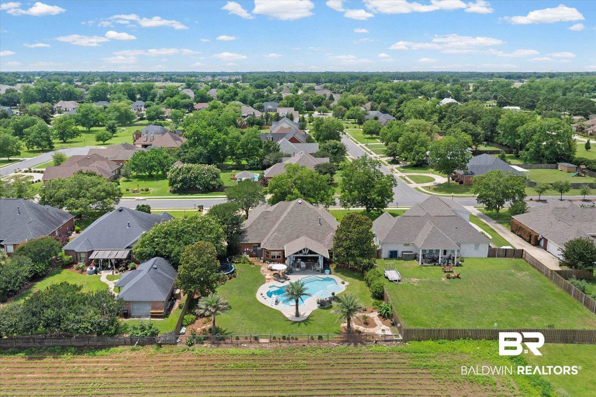 24908 Bosbyshell Avenue Daphne, AL 36526 - Photo 34 of 49 Spacious backyard featuring a freeform swimming pool, extensive lawn, and mature palm trees