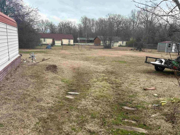 a view of dirt yard with a large tree