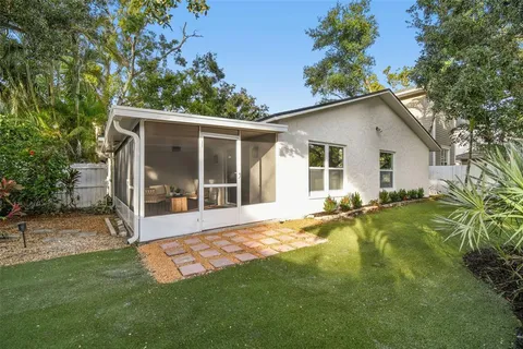 a view of a yard with plants and large trees