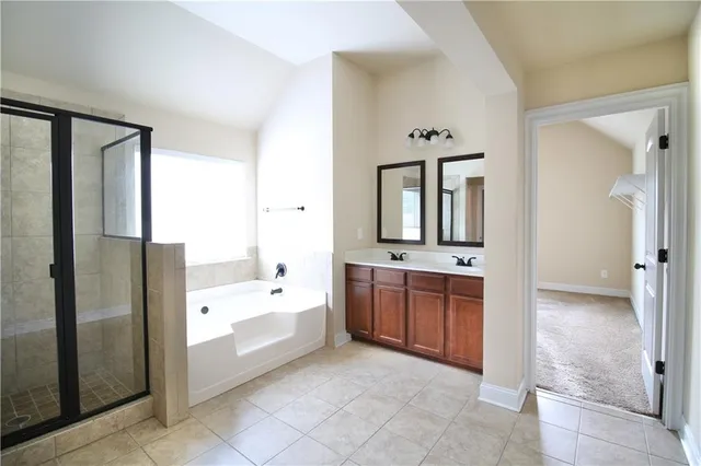 a bathroom with a tub sink and mirror