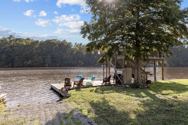 a view of a lake with a slide