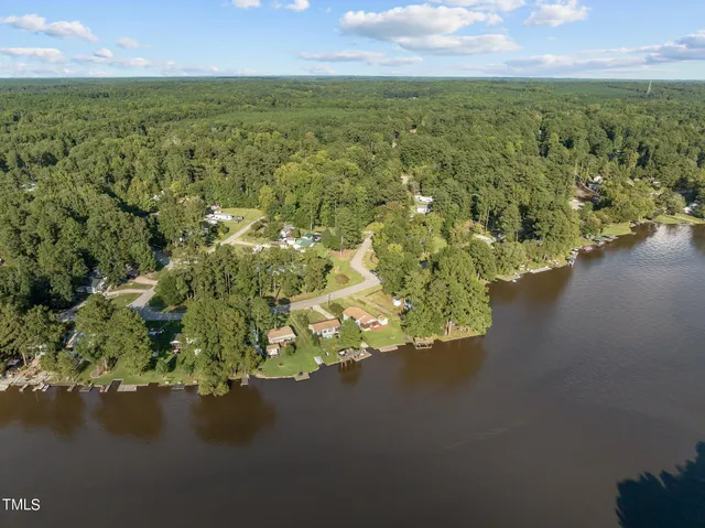 an aerial view of residential houses with outdoor space and trees