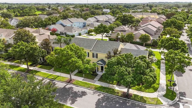 an aerial view of residential houses with outdoor space and street view